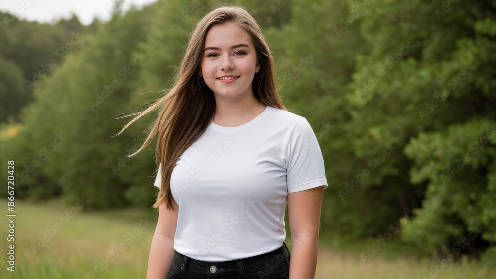 Plus size teenage girl wearing white t-shirt and black jeans standing in nature Plus size teenage girl wearing white t-shirt and black jeans standing in nature
