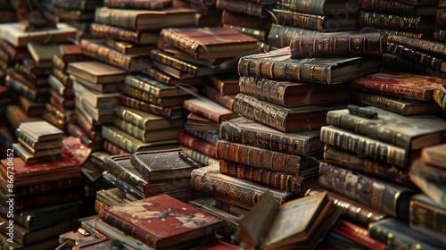 A large stack of old books lying around.