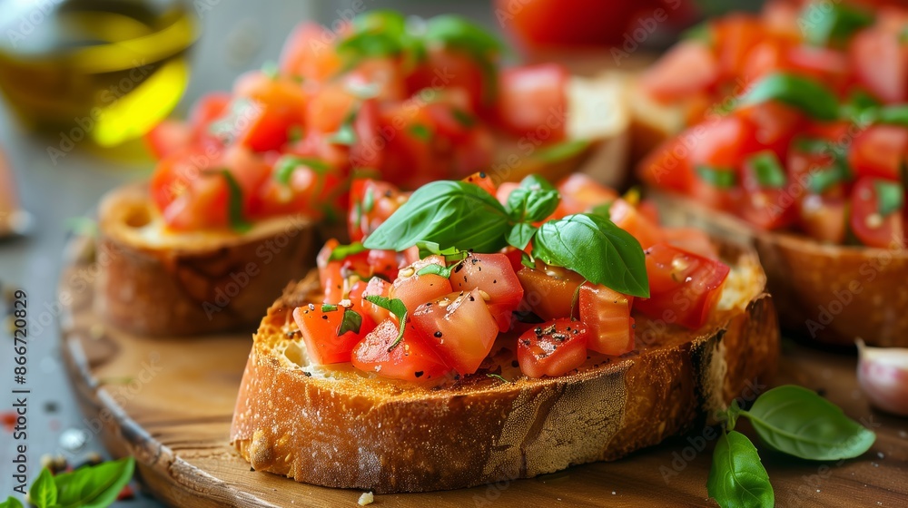 Close-Up of Perfectly Toasted Bruschetta with Vibrant Topping Close-Up of Perfectly Toasted Bruschetta with Vibrant Topping