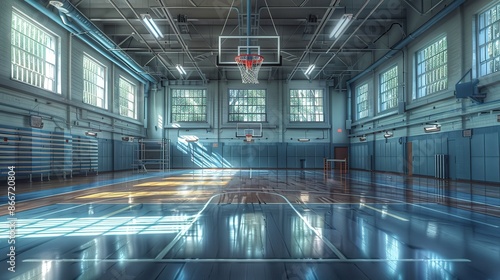  School Gymnasium Floor Featuring Basketball Hoops   
