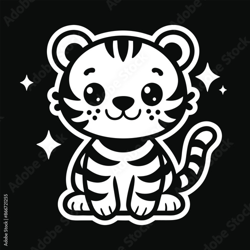 cute cheerful white cartoon baby tiger with sparking stars minimal vector animal design