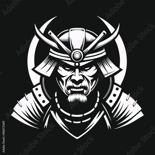 fierce Japanese samurai warrior in ancient helmet armor with serious expression mascot vector logo