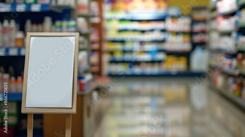 An empty price tag sign in a pharmacy with blurred shelves of medicines in the background