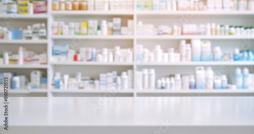 A white counter in a pharmacy with blurred shelves of medicines in the background
