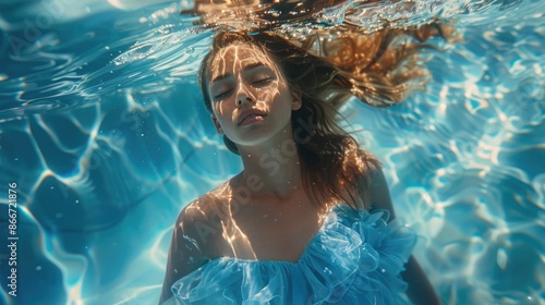 A woman wearing a blue dress swimming underwater with seaweed and coral