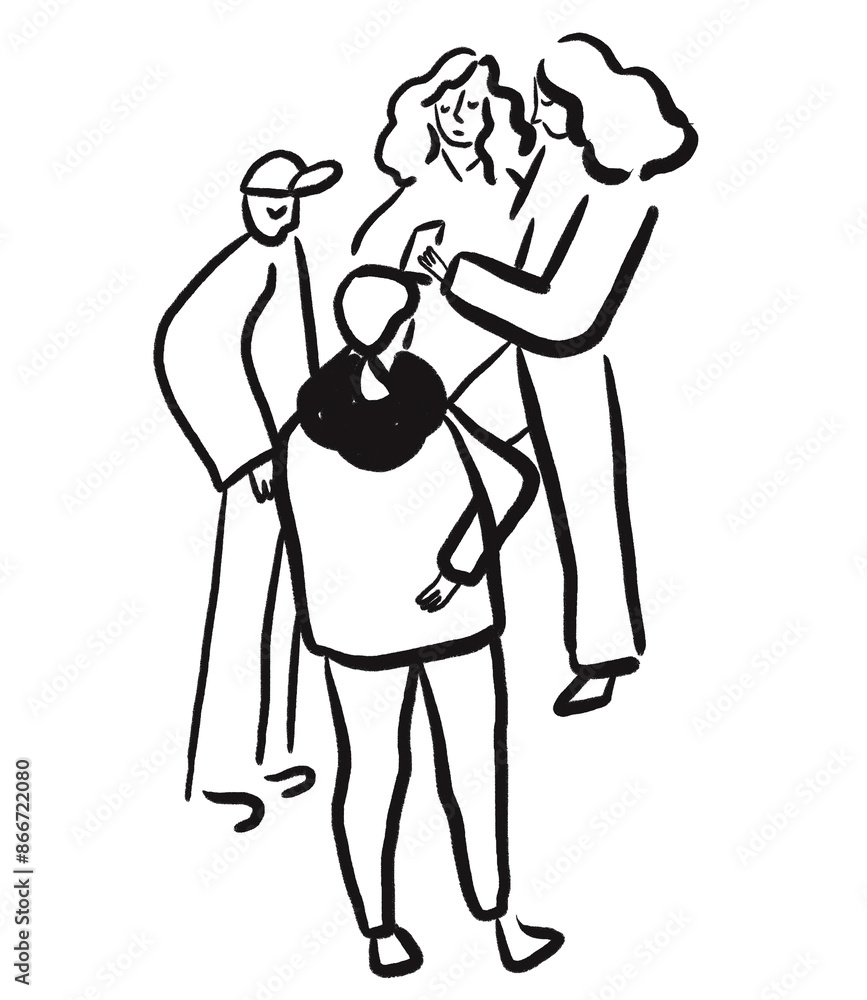 A group of people looking at phone black and white illustration A group of people looking at phone black and white illustration
