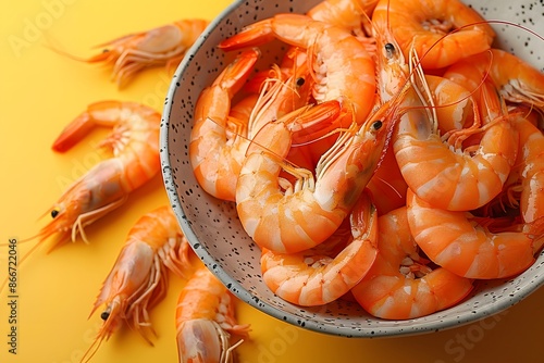 Fresh Cooked Shrimp in Speckled Bowl on Yellow Background - Seafood, Culinary, Kitchen Decor photo