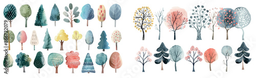 Stylish abstract colored scandinavian trees. Trendy scandi modern plants.