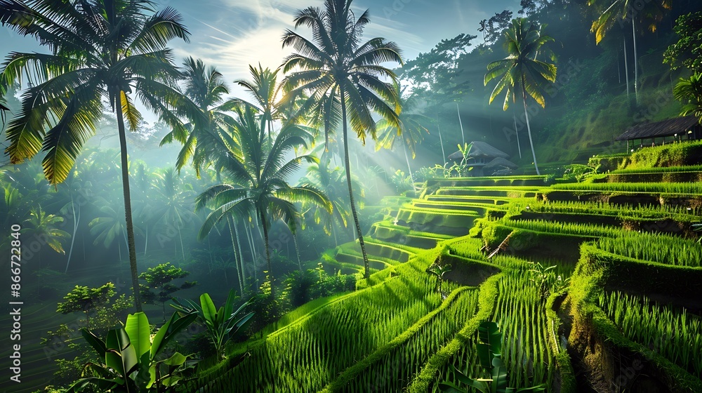 Landscape of green rice terrace with coconut trees and morning sunlight Landscape of green rice terrace with coconut trees and morning sunlight