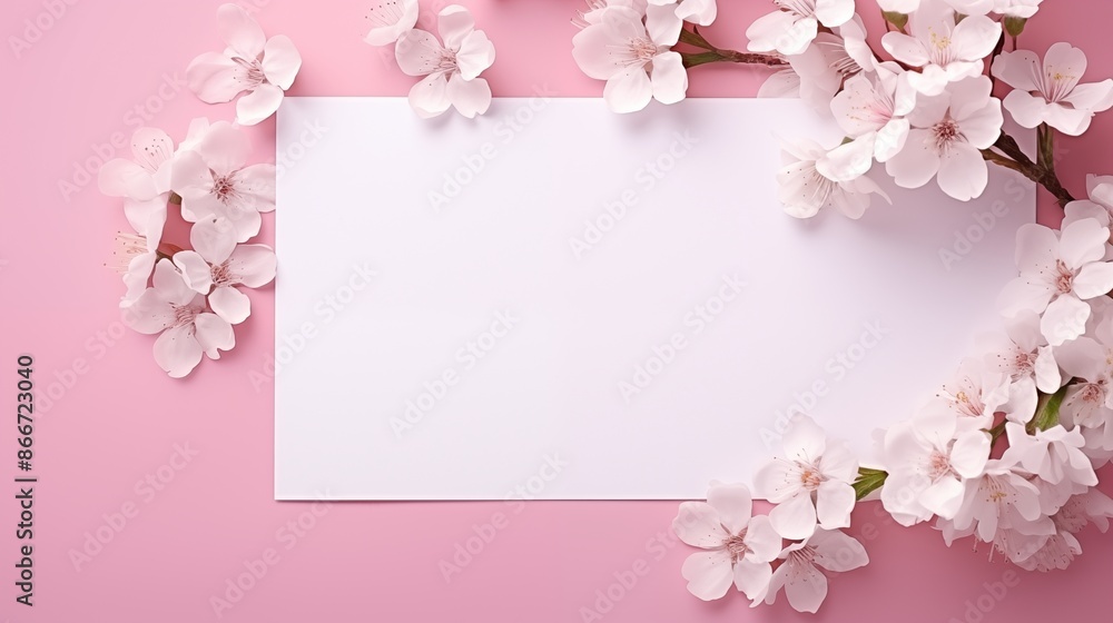 White blank greeting card on the pink background with flowers, love letter. White blank greeting card on the pink background with flowers, love letter.