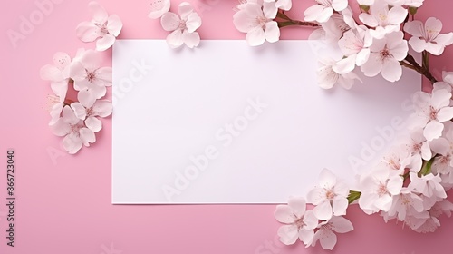 White blank greeting card on the pink background with flowers, love letter. © Muzamil
