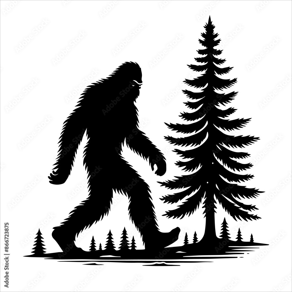 Fototapeta premium Bigfoot silhouette vector. Bigfoot silhouette isolated on a white background. Bigfoot silhouette t-shirt design Vector illustration.
