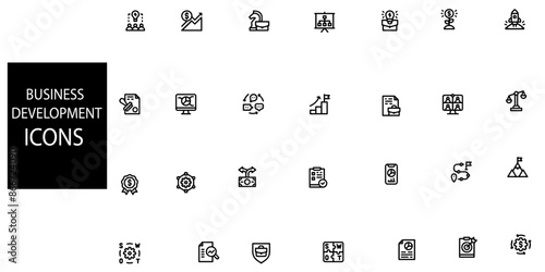 Business development concept 28 icons set.Containing manager, teamwork, strategy, marketing, business, planning, training, employee icons .Vector illustration.