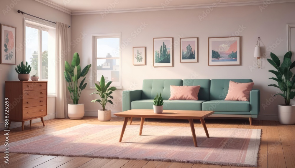 Fototapeta premium Contemporary Scandinavian interior design showcasing an elegant living room with a comfy sofa, mid-century furniture, cozy rug, wooden flooring, white walls, and house plants.