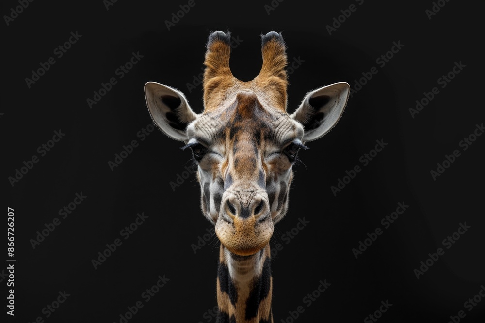 Naklejka premium A close-up view of a giraffe's face on a black background