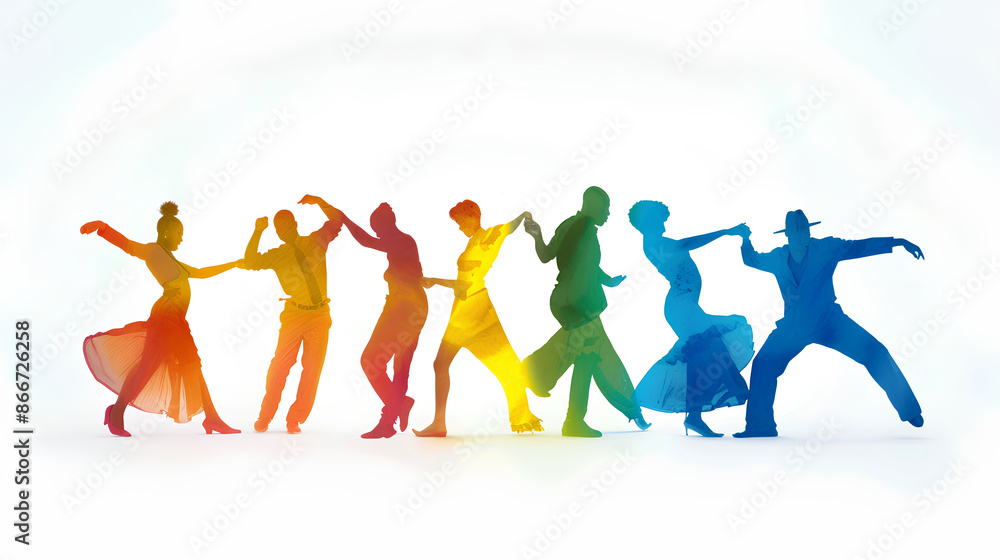 A colorful silhouette of people dancing in different dance styles, white background A colorful silhouette of people dancing in different dance styles, white background