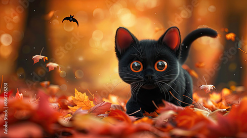 Cute 3D Rendered Black Cat. Halloween Cat on Autumn. Maple Forest in Autumn. Orange Themed. Cute Cat. Spooky Theme with Copy Space © Amor Fati