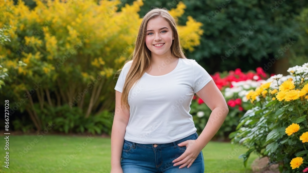 Fototapeta premium Plus size teenage girl wearing white t-shirt and blue jeans standing in the garden