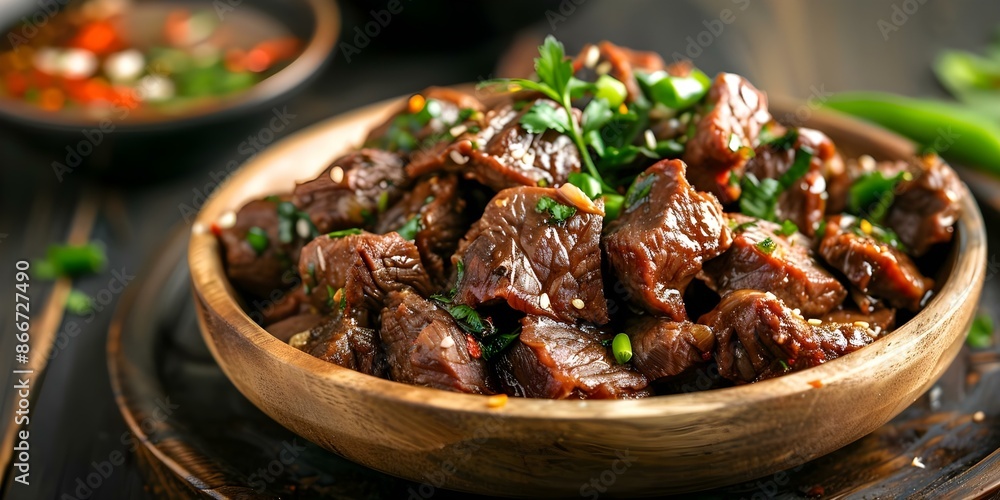 Experience the popular Vietnamese dish Bo Luc Lac - shaking beef. Concept Vietnamese cuisine, Bo Luc Lac, Shaking beef, Traditional food, Asian flavors Experience the popular Vietnamese dish Bo Luc Lac - shaking beef. Concept Vietnamese cuisine, Bo Luc Lac, Shaking beef, Traditional food, Asian flavors