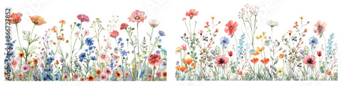 A watercolor illustration of delicate multicolored flowers with a border.