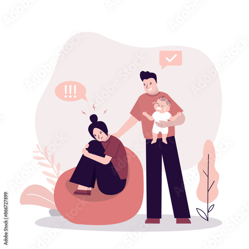 Husband tries to talk and calm down depressed woman after baby born. Father holds crying baby. Postpartum depression. Postnatal frustration,