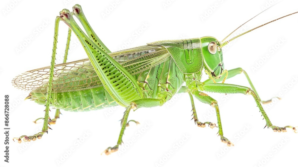 A detailed view of a grasshopper's body and legs on a clean white surface A detailed view of a grasshopper's body and legs on a clean white surface