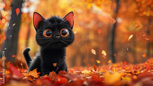 Cute 3D Rendered Black Cat. Halloween Cat on Autumn. Maple Forest in Autumn. Orange Themed. Cute Cat. Spooky Theme with Copy Space