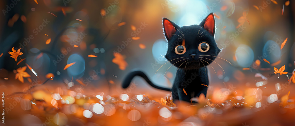 Cute 3D Rendered Black Cat. Halloween Cat on Autumn. Maple Forest in Autumn. Orange Themed. Cute Cat. Spooky Theme with Copy Space Cute 3D Rendered Black Cat. Halloween Cat on Autumn. Maple Forest in Autumn. Orange Themed. Cute Cat. Spooky Theme with Copy Space