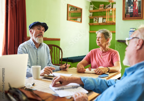 Fotografia Council, property and retirement home with senior people in living room for body corporate meeting