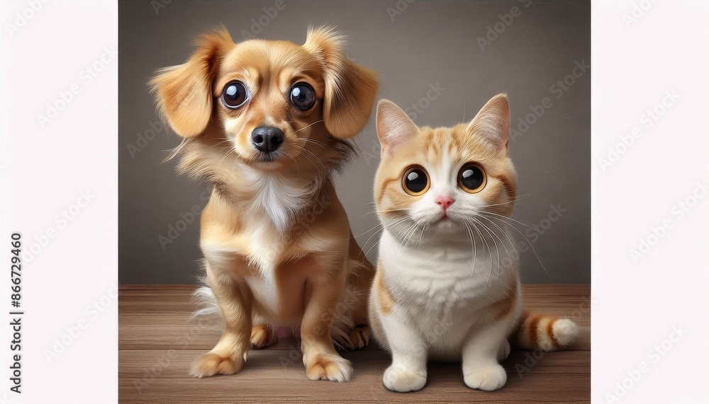 Portrait of a Curious Dog and Cat - A dog and cat with large eyes are captured in a painted portrait with a soft, blurred background. Portrait of a Curious Dog and Cat - A dog and cat with large eyes are captured in a painted portrait with a soft, blurred background.