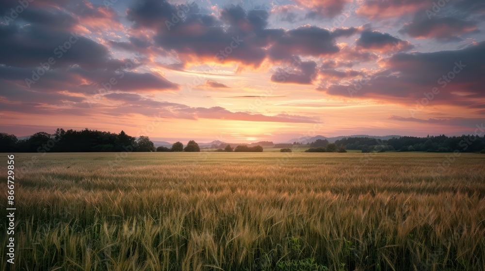 A field of tall grass with a beautiful sunset in the background. The sky is filled with clouds, creating a serene and peaceful atmosphere A field of tall grass with a beautiful sunset in the background. The sky is filled with clouds, creating a serene and peaceful atmosphere