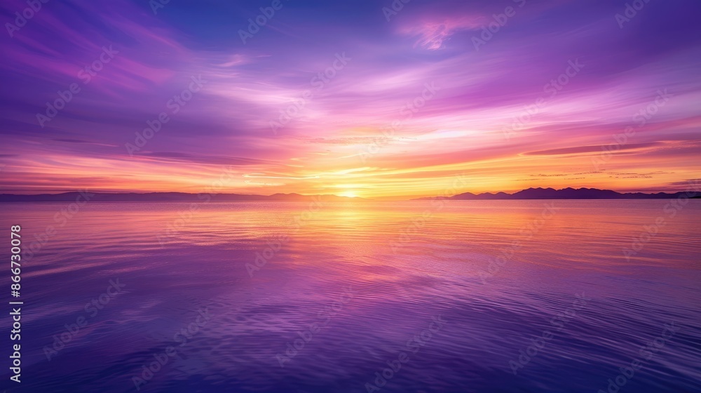 Obraz premium Brilliant purple, orange, and yellow gradients in the sky form a stunning backdrop over the calm waters of the sea at sunset.