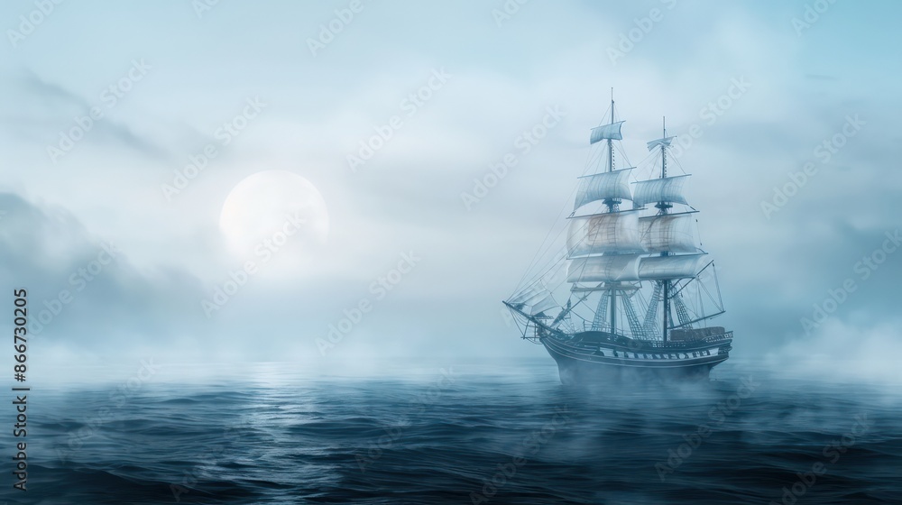 A large ship sails in the ocean with a full moon in the background. The scene is serene and peaceful, with the ship being the only object visible in the water A large ship sails in the ocean with a full moon in the background. The scene is serene and peaceful, with the ship being the only object visible in the water