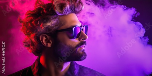 Man in sunglasses with smoke vipe on pink neon background decoration scene