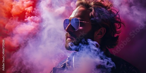 Man in sunglasses with smoke vipe on pink neon background decoration scene photo