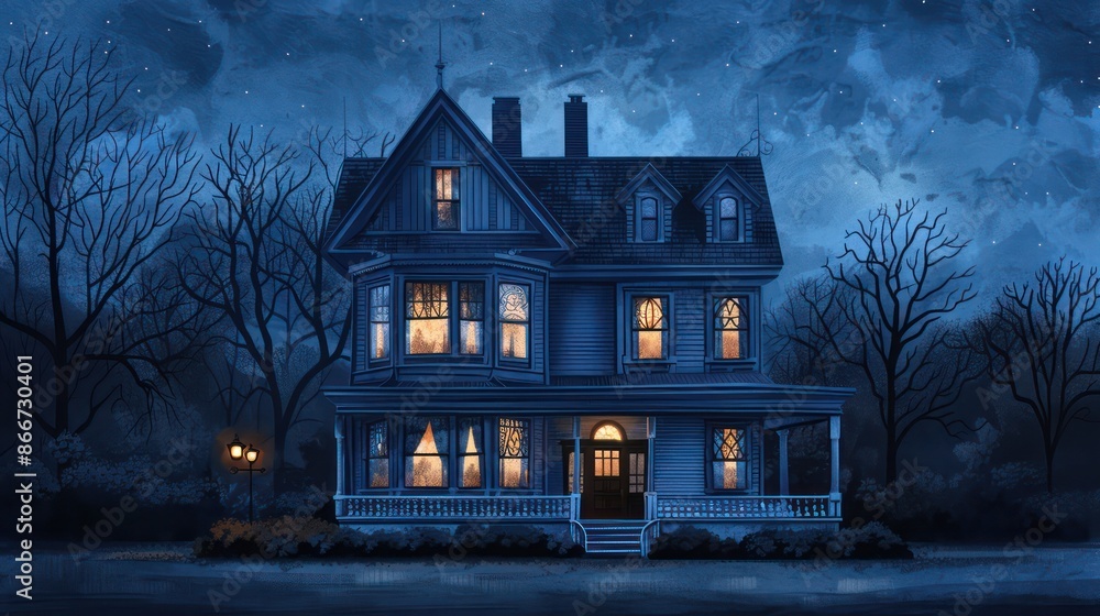 A house with a porch and a window is lit up at night. Scene is eerie and spooky A house with a porch and a window is lit up at night. Scene is eerie and spooky