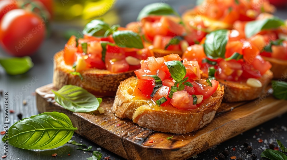 Close-Up of Perfectly Toasted Bruschetta with Vibrant Topping Close-Up of Perfectly Toasted Bruschetta with Vibrant Topping