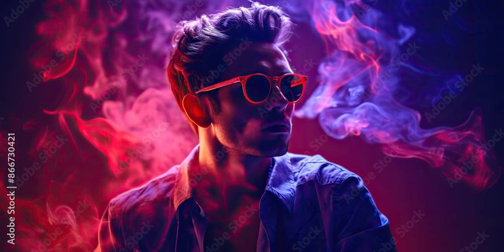 Man in sunglasses with smoke vipe on pink neon background decoration scene Man in sunglasses with smoke vipe on pink neon background decoration scene