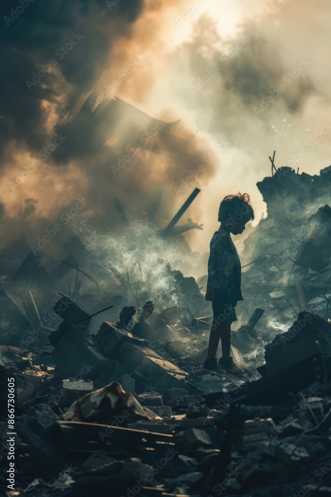 Obraz premium A person stands in front of a pile of rubble, perhaps after a natural disaster or demolition