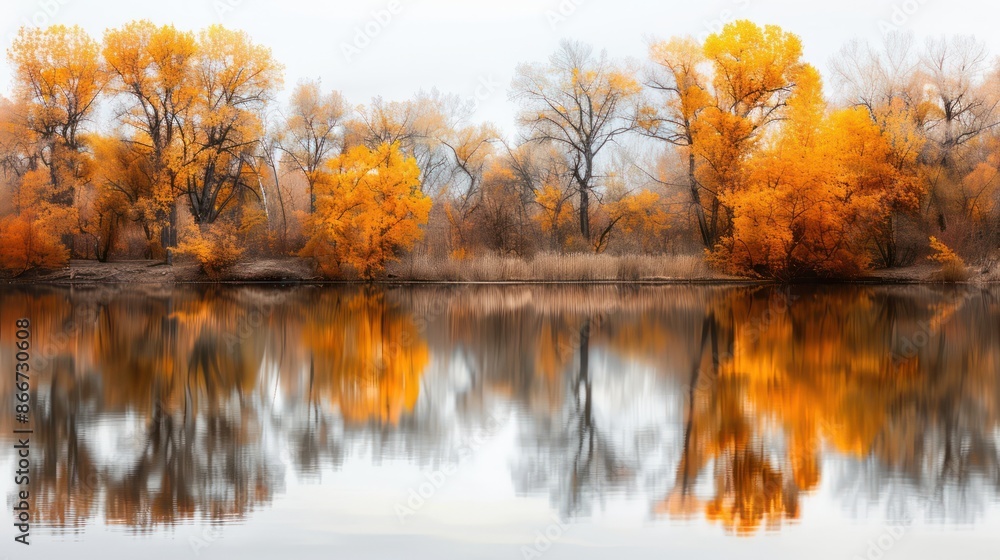 A beautiful autumn scene with trees and a lake. The trees are full of leaves and the lake is calm. The reflection of the trees in the water creates a serene and peaceful atmosphere A beautiful autumn scene with trees and a lake. The trees are full of leaves and the lake is calm. The reflection of the trees in the water creates a serene and peaceful atmosphere
