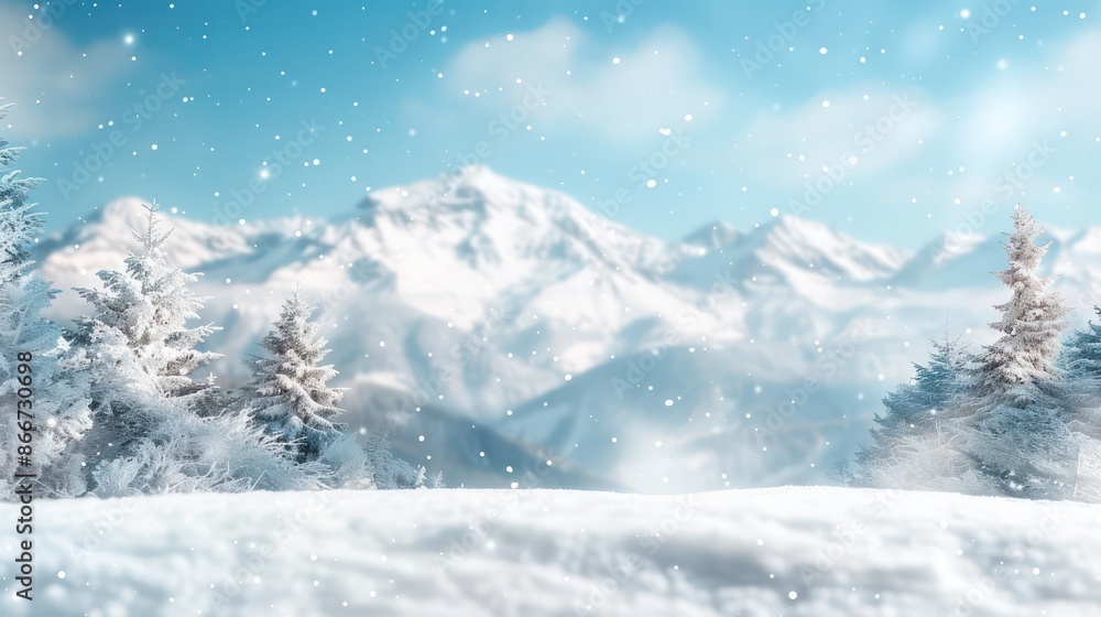 A snowy mountain range with trees in the foreground. The sky is blue and clear, and the snow is falling lightly. The scene is peaceful and serene, with the snow covering the ground A snowy mountain range with trees in the foreground. The sky is blue and clear, and the snow is falling lightly. The scene is peaceful and serene, with the snow covering the ground