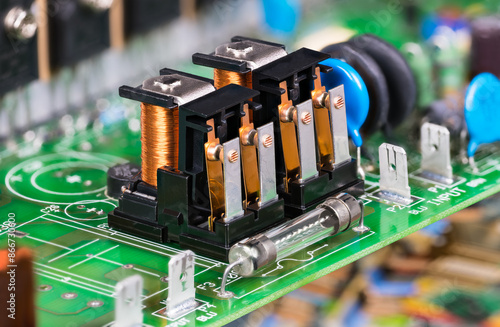 Electronic components as electromagnetic relays or glass electric fuse on green PCB. Closeup two electromechanical switches with copper wire on coil with iron core, yoke and armature on circuit board. photo