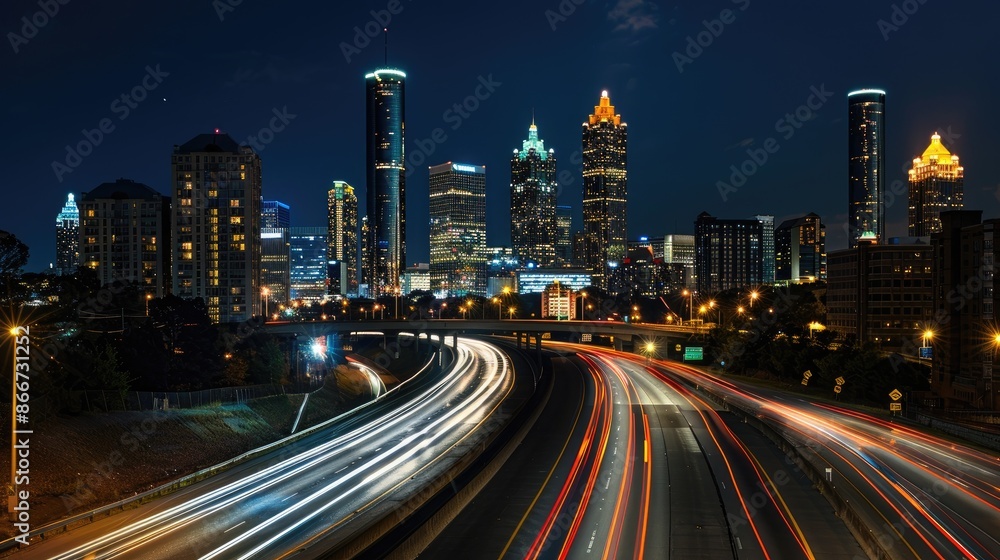 City nights: A bustling highway with glowing headlights and light trails from passing cars leads to a towering, illuminated city skyline, capturing urban energy City nights: A bustling highway with glowing headlights and light trails from passing cars leads to a towering, illuminated city skyline, capturing urban energy