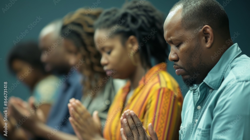 Obraz premium A group of people pray together for moral support holding hands and bowing their heads