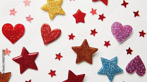 Shiny stickers in the shapes of stars and hearts arranged on a white background