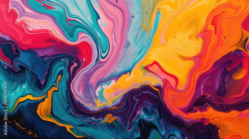 Colorful flow: Bold modern abstract art using a liquid swirl technique, with vibrant colors creating a dynamic and engaging composition Colorful flow: Bold modern abstract art using a liquid swirl technique, with vibrant colors creating a dynamic and engaging composition