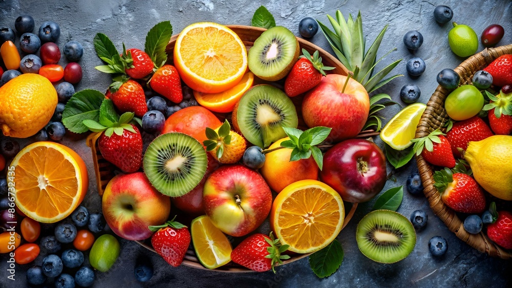 Frisches Obst auf stylishem Hintergrund - Hintergrund / Banner Frisches Obst auf stylishem Hintergrund - Hintergrund / Banner