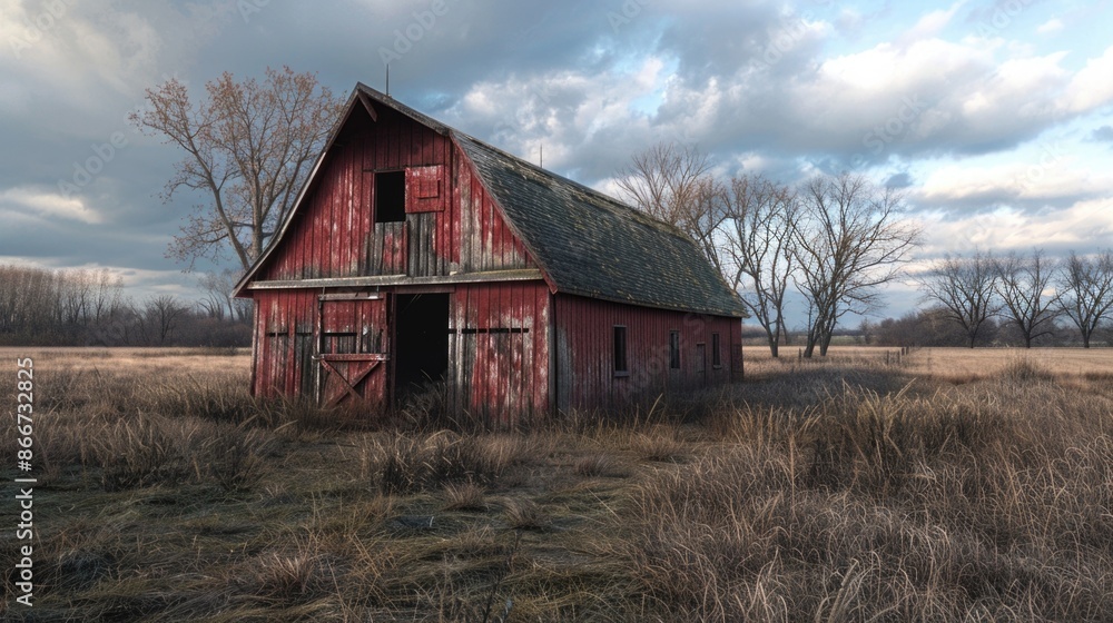 A rustic red barn standing in a green field surrounded by trees A rustic red barn standing in a green field surrounded by trees