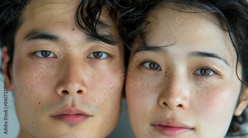 Portrait of a young Asian Japanese beautiful couple in love , with Japanese man and woman closeup view showing details of their face. 