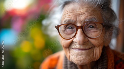 An elderly woman smiles warmly with a gentle and kind expression
